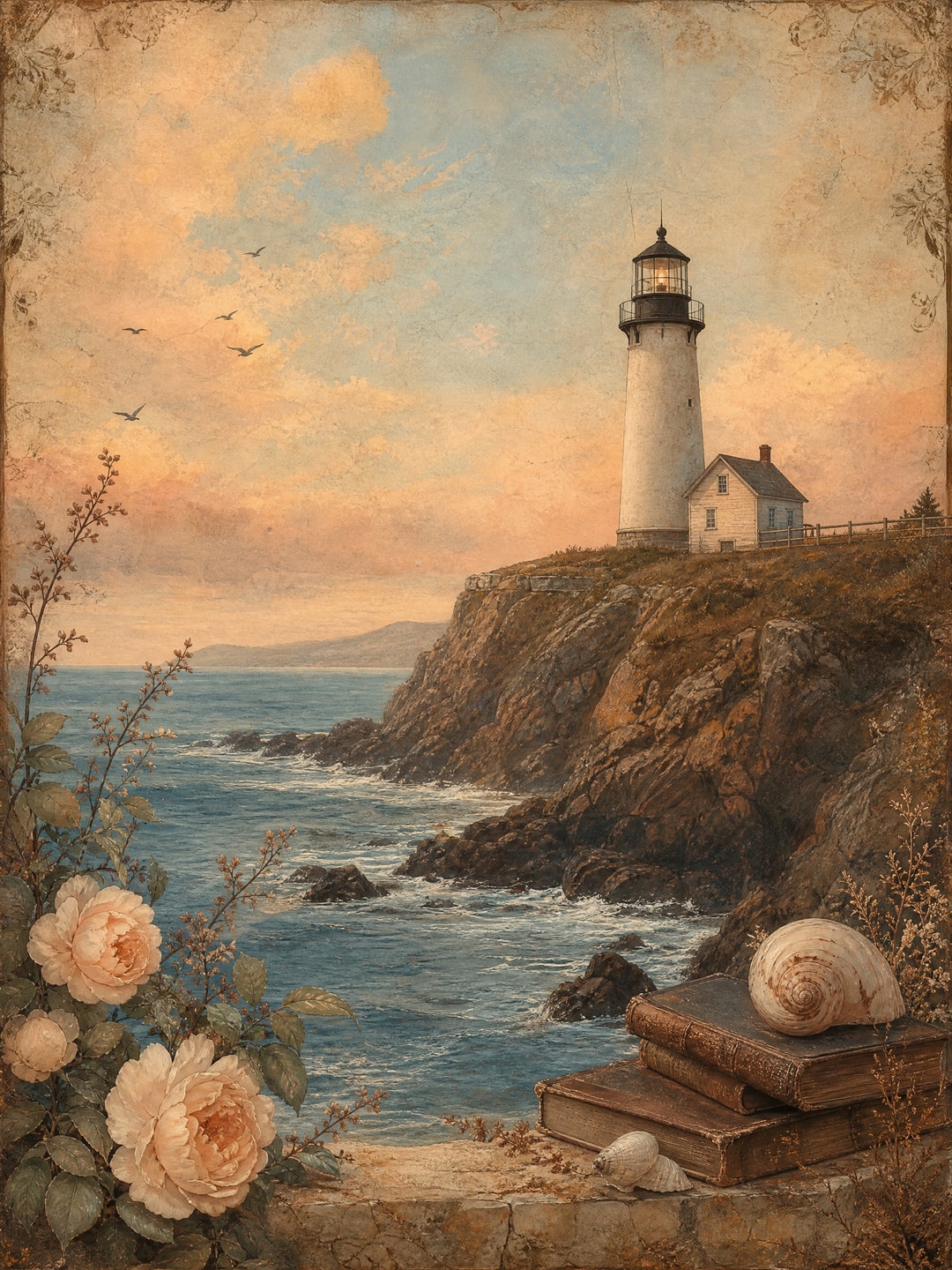 rocky coastline with a small lighthouse — Dark Academia printable wall art