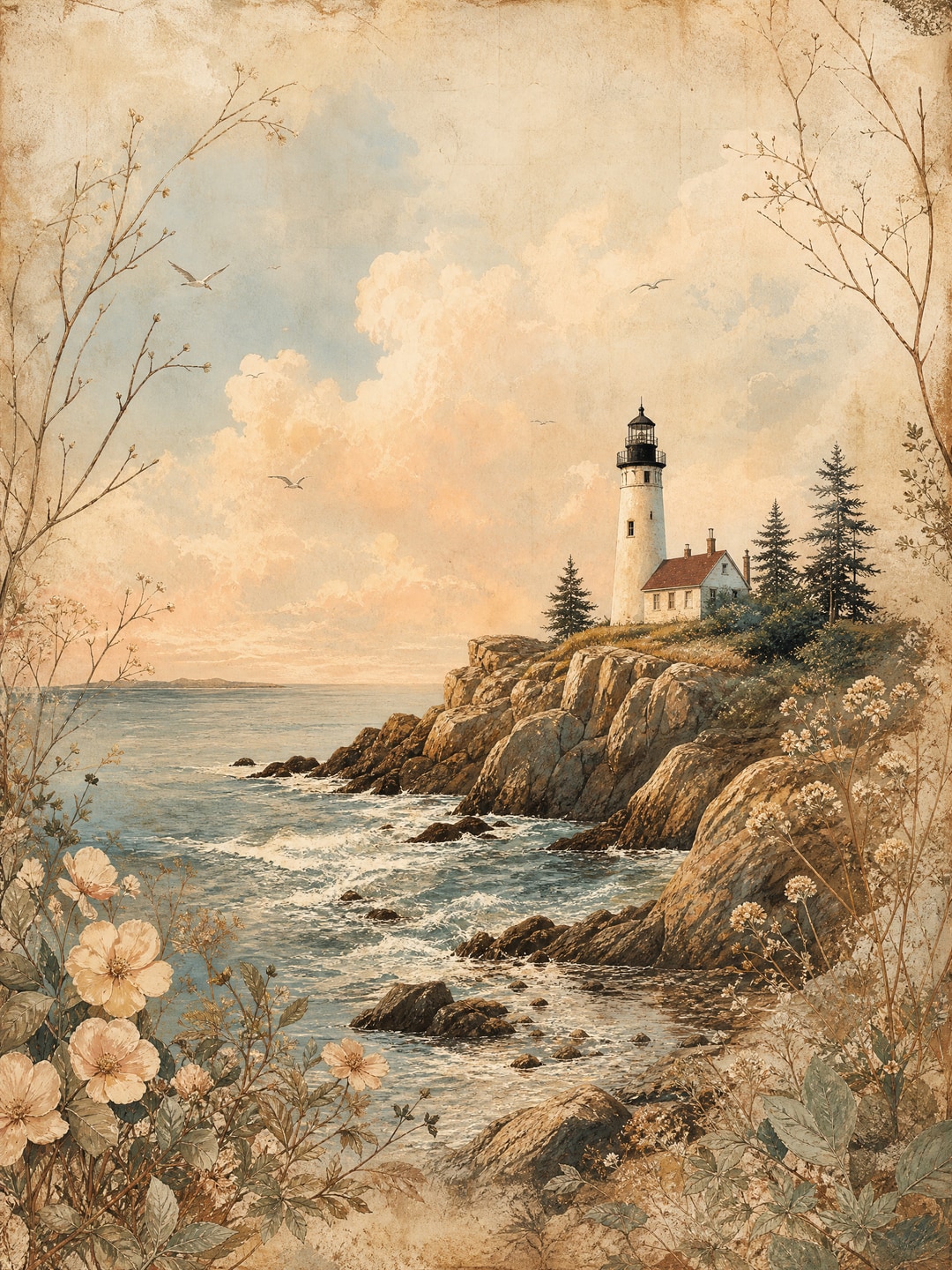 rocky coastline with a small lighthouse — Dark Academia printable wall art