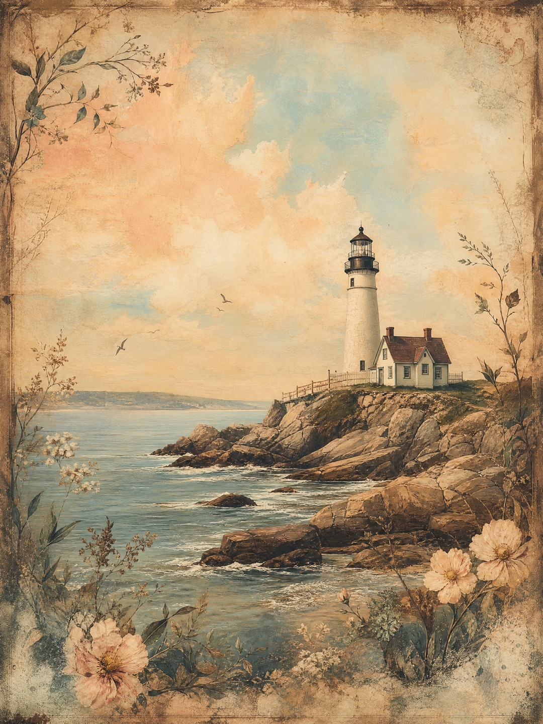 rocky coastline with a small lighthouse — Dark Academia printable wall art