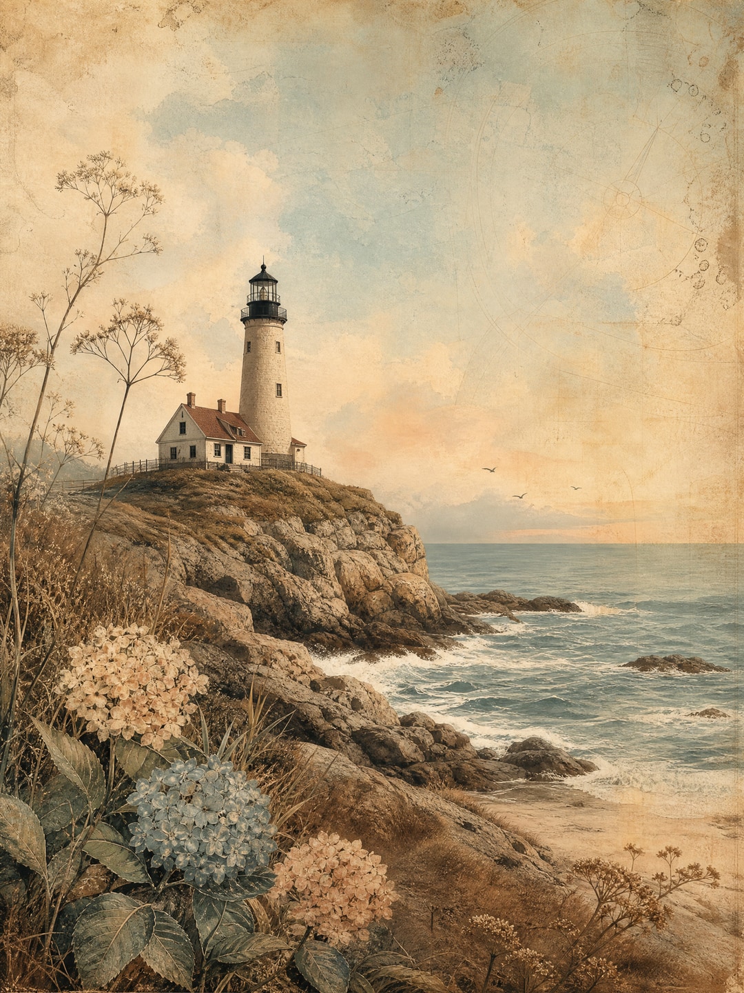 rocky coastline with a small lighthouse — Dark Academia printable wall art