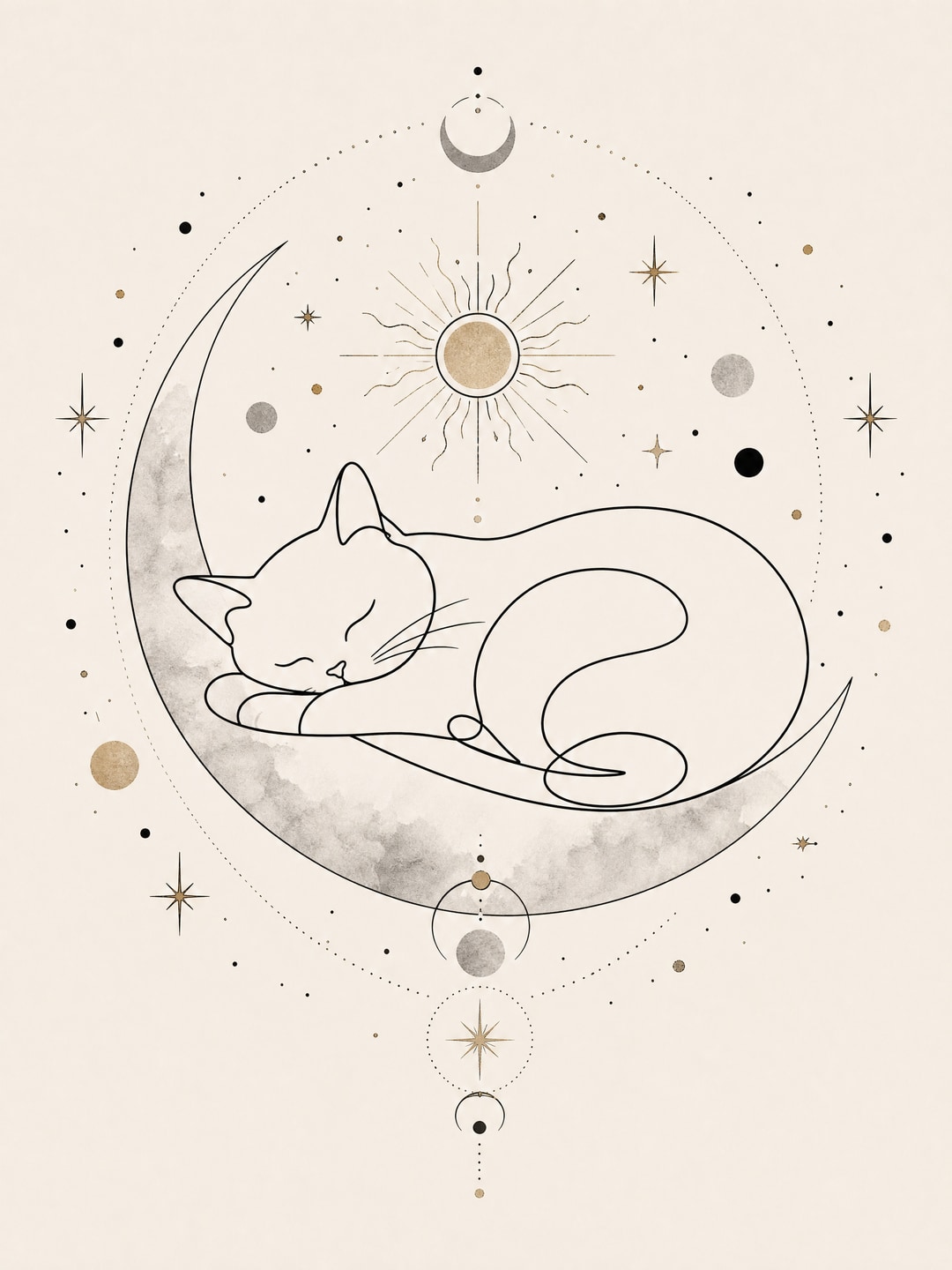 minimal line drawing of a sleeping cat — Celestial / Astrology Art printable wall art