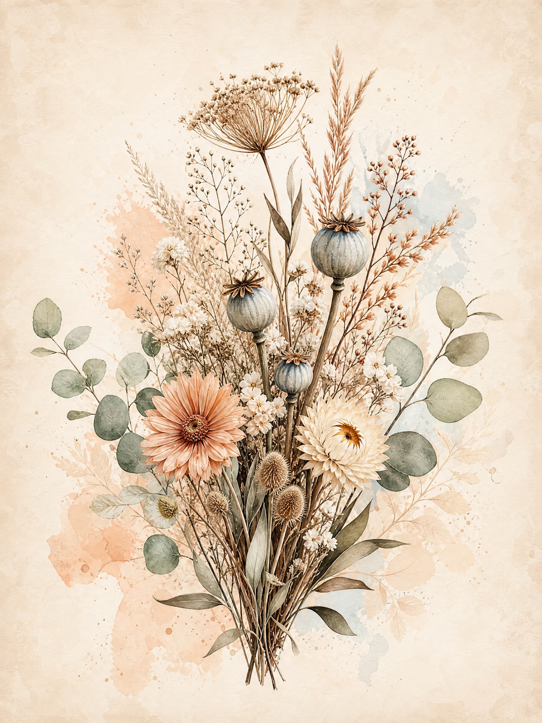 dried wildflower bouquet with seed pods — Boho Botanical printable wall art