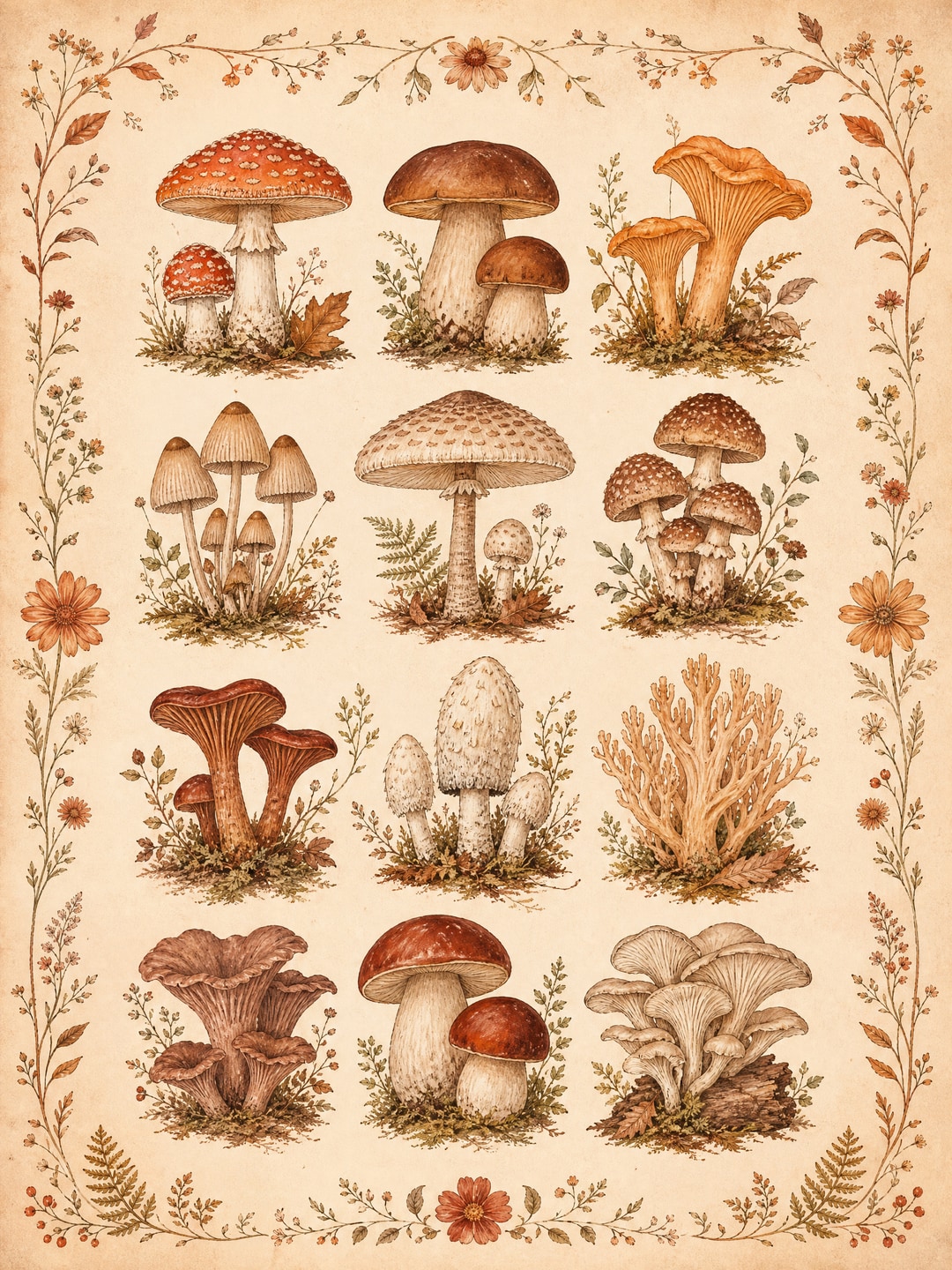 mushroom varieties field-guide style — Cottagecore Botanical printable wall art