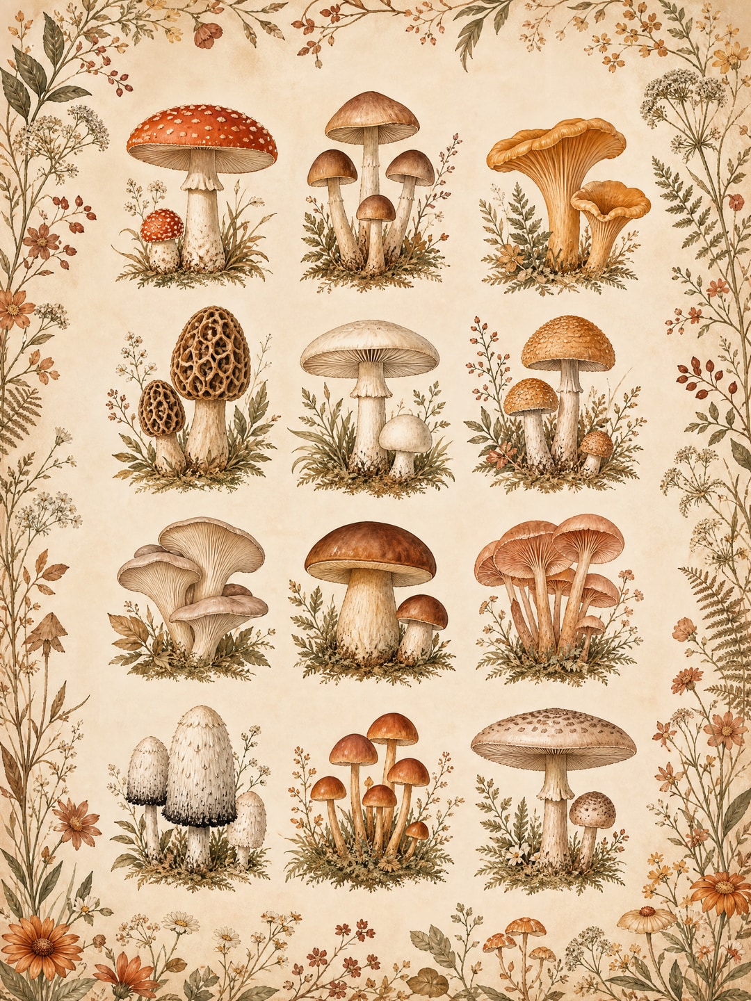 mushroom varieties field-guide style — Cottagecore Botanical printable wall art