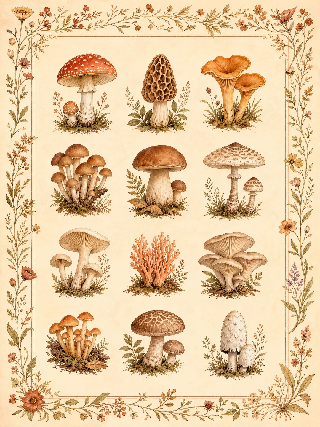 mushroom varieties field-guide style — Cottagecore Botanical printable wall art
