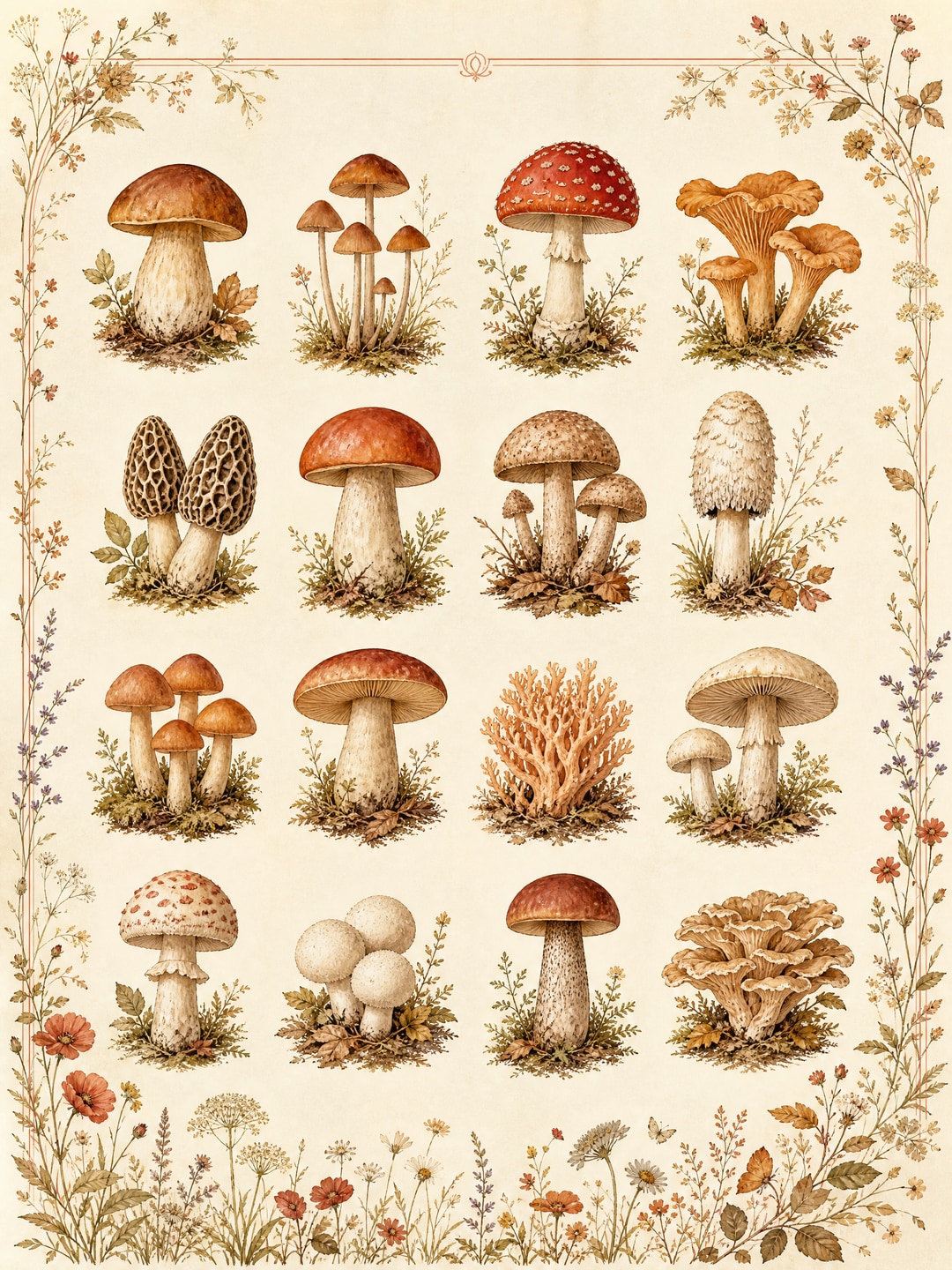 mushroom varieties field-guide style — Cottagecore Botanical printable wall art